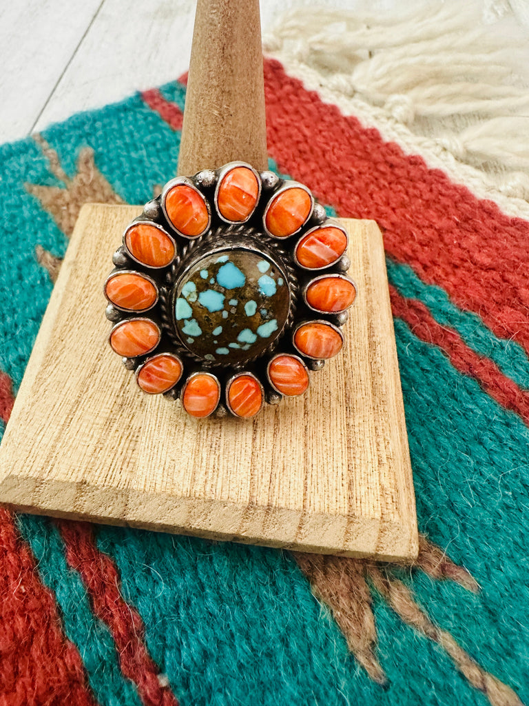 Navajo Sterling Silver, Orange Spiny & Turquoise Cluster Adjustable Ring Jewelry & Watches:Ethnic, Regional & Tribal:Rings Nizhoni Traders LLC   
