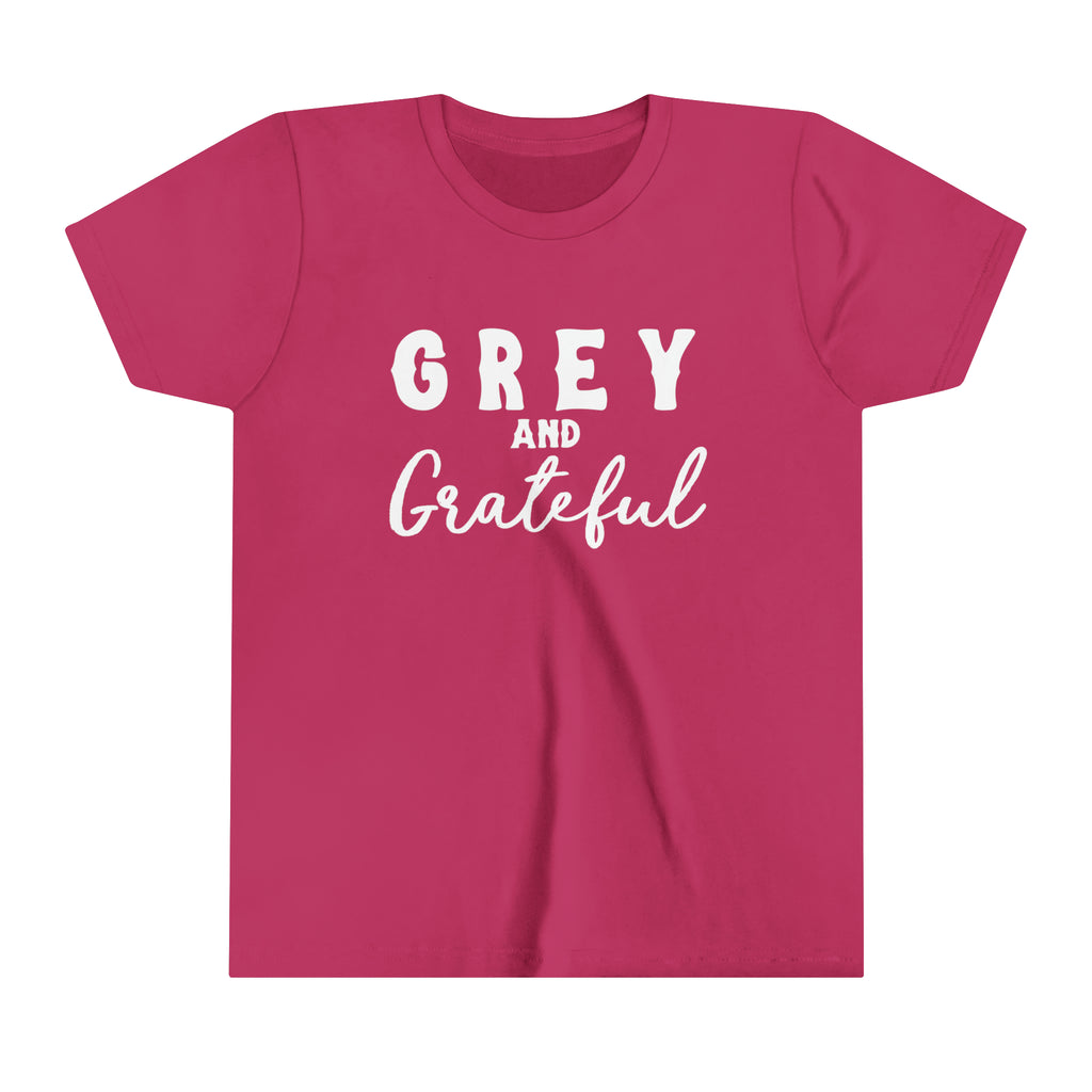 Berry youth short sleeve with white lettering reading "Grey and Grateful". 