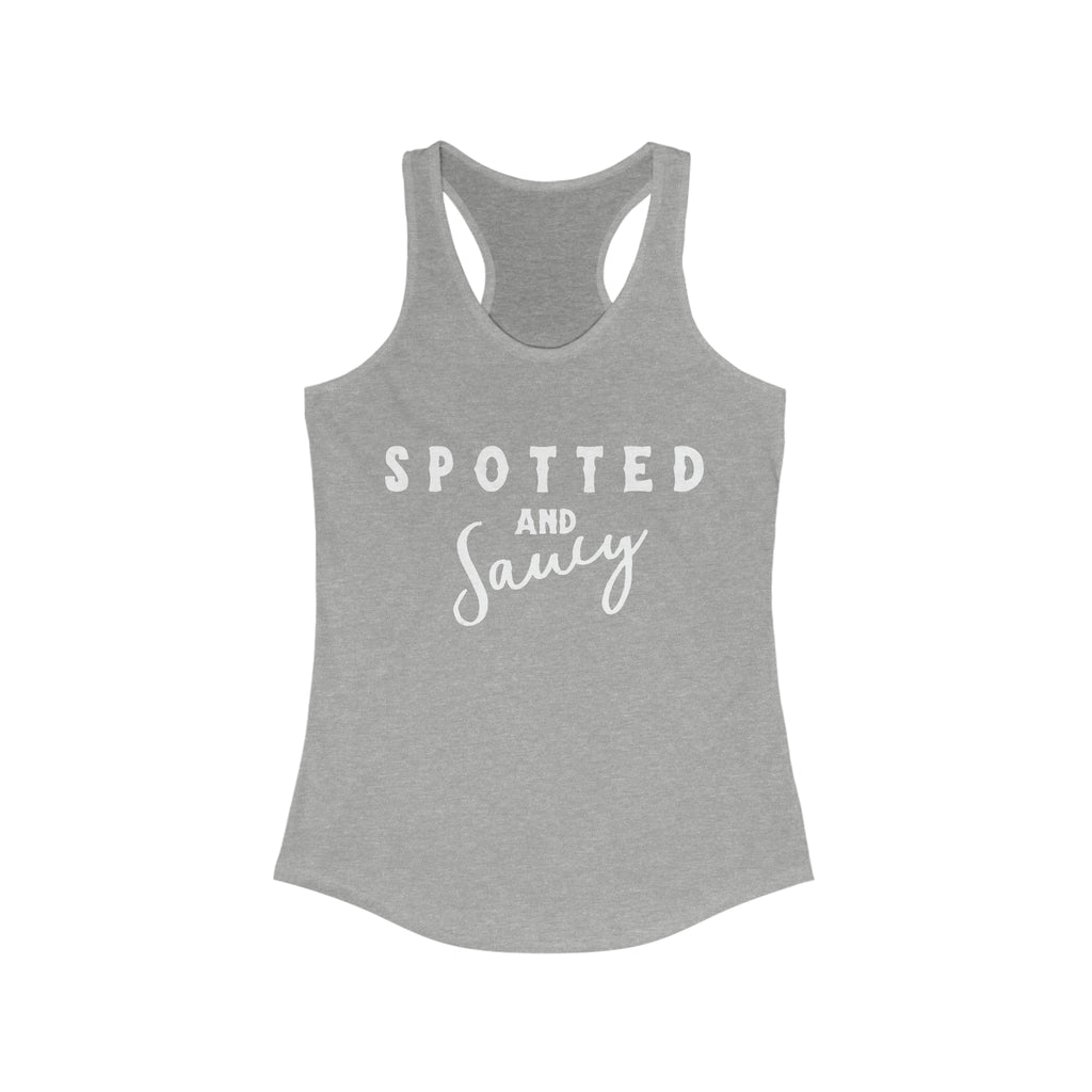 Spotted & Saucy Racerback Tank Horse Color Shirts Printify S Heather Grey 