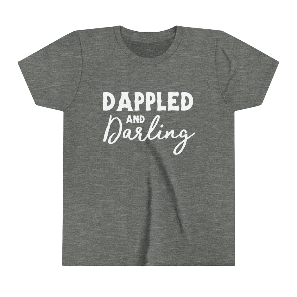 Grey youth short sleeve with white lettering reading "Dappled and Darling". 