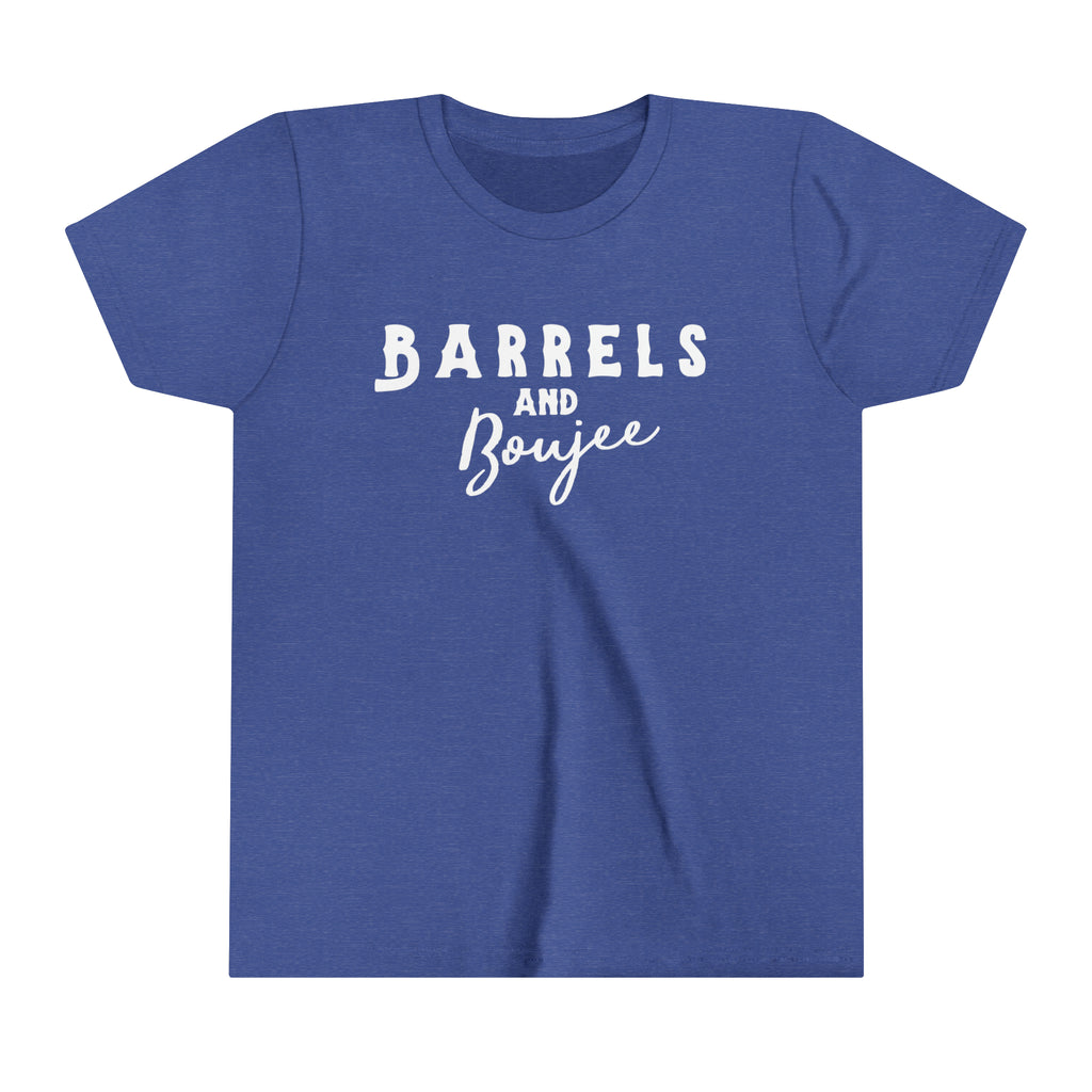 Royal youth short sleeve with white lettering reading "Barrels and Boujee".