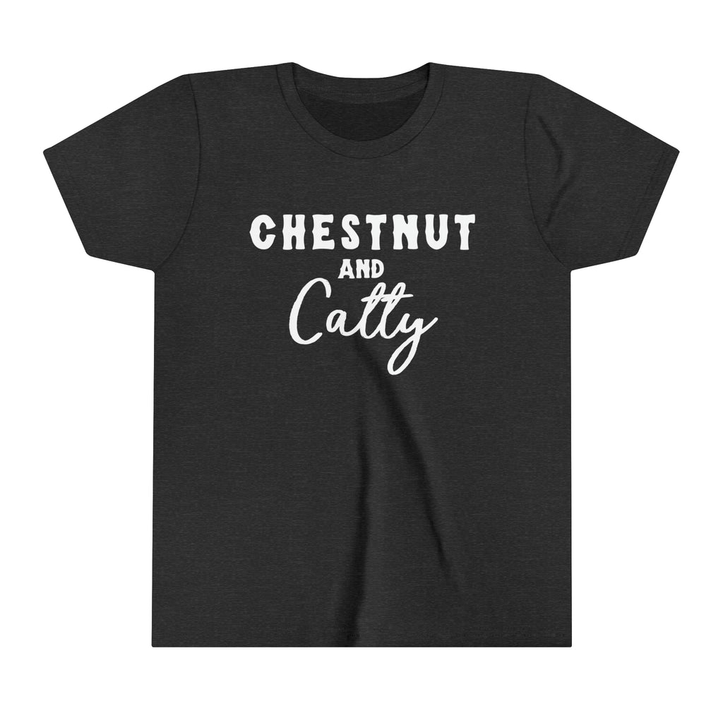 Dark grey youth short sleeve with white lettering reading "Chestnut and Catty". 