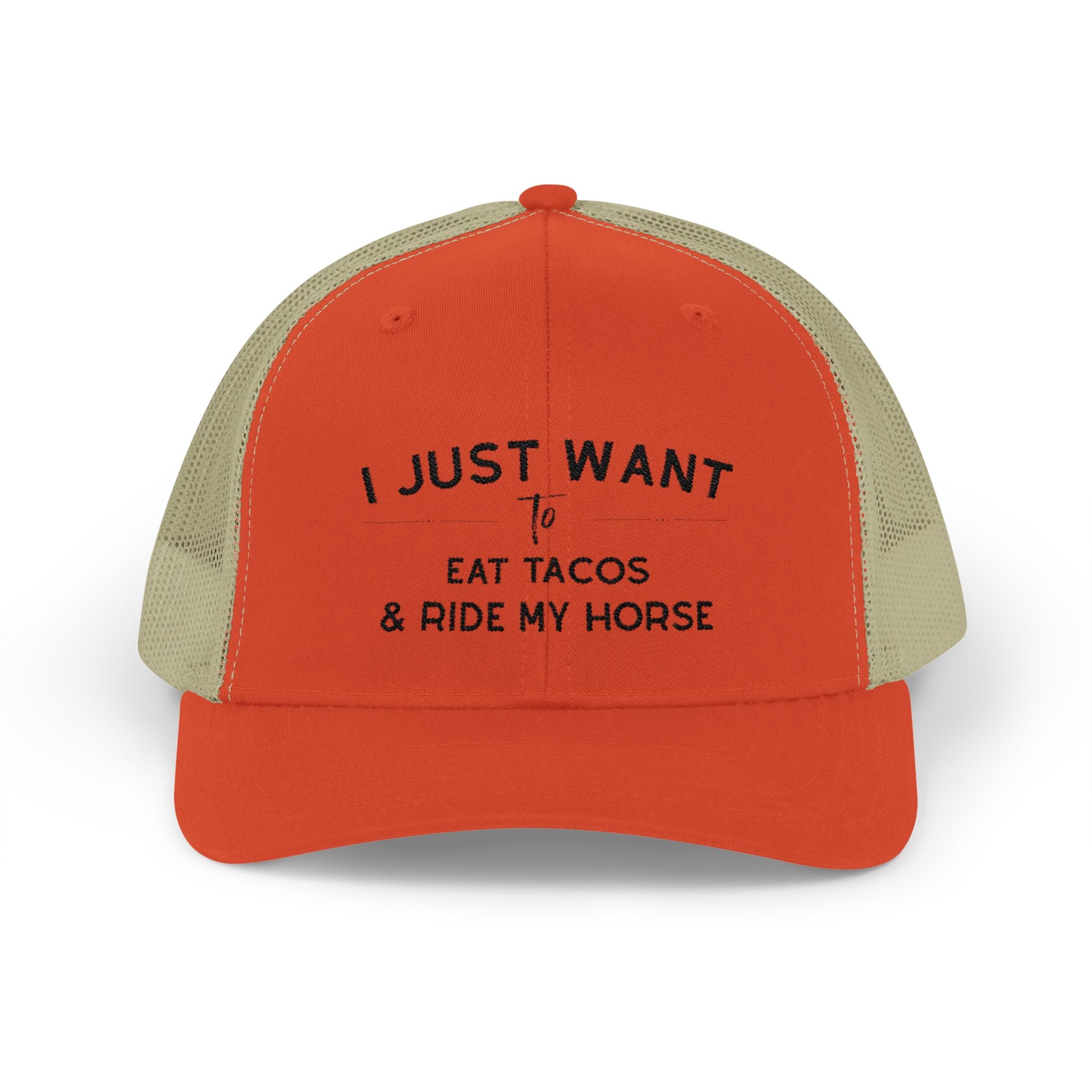 I Just Want To Eat Tacos And Ride My Horse Trucker Hat Hats The Cinchy Cowgirl - Print Rustic Orange / Khaki One size