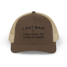 I Just Want To Drink Sweet Tea and Ride My Horse Trucker Hat Hats The Cinchy Cowgirl - Print Brown / Khaki One size