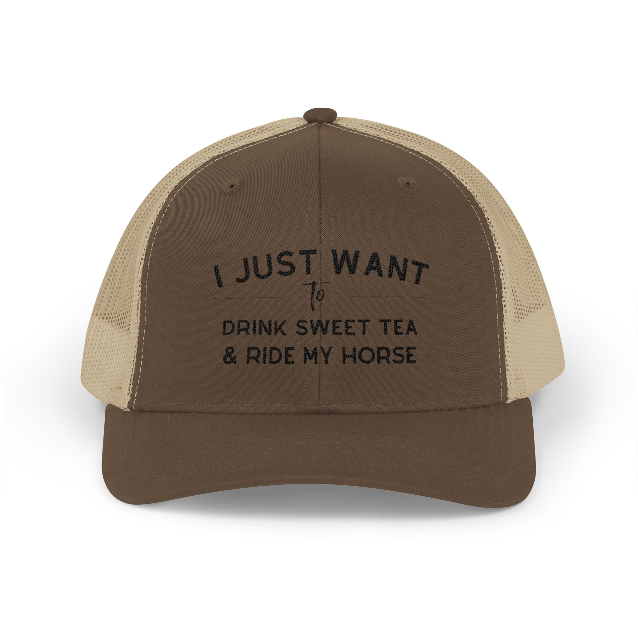I Just Want To Drink Sweet Tea and Ride My Horse Trucker Hat Hats The Cinchy Cowgirl - Print Brown / Khaki One size