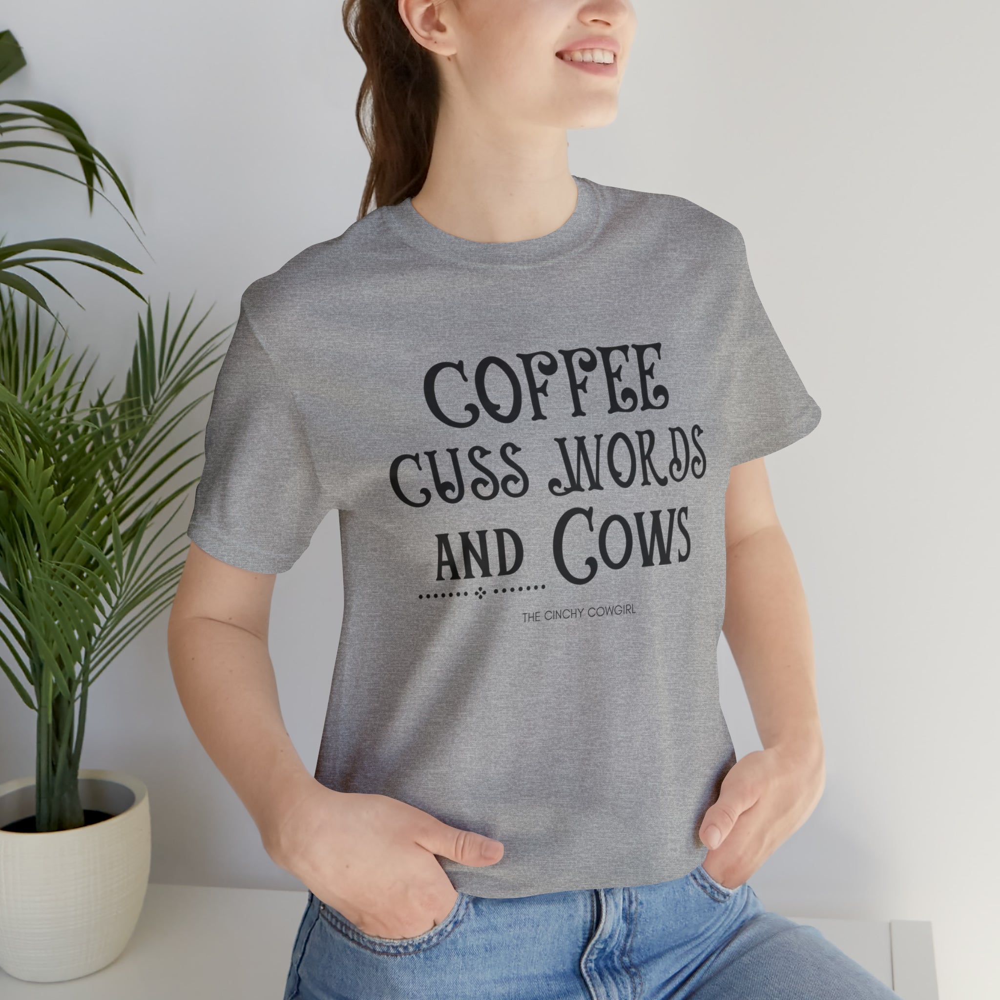 Coffee Cuss Words & Cows Short Sleeve Graphic Tee T-Shirt The Cinchy Cowgirl - Print Athletic Heather S
