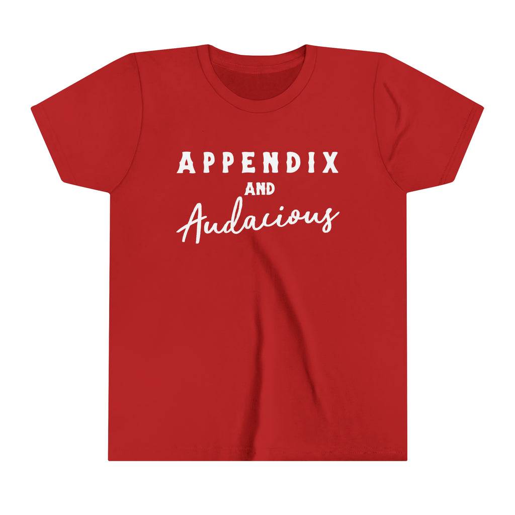 Red youth short sleeve with white lettering that says "Appendix and Audacious".