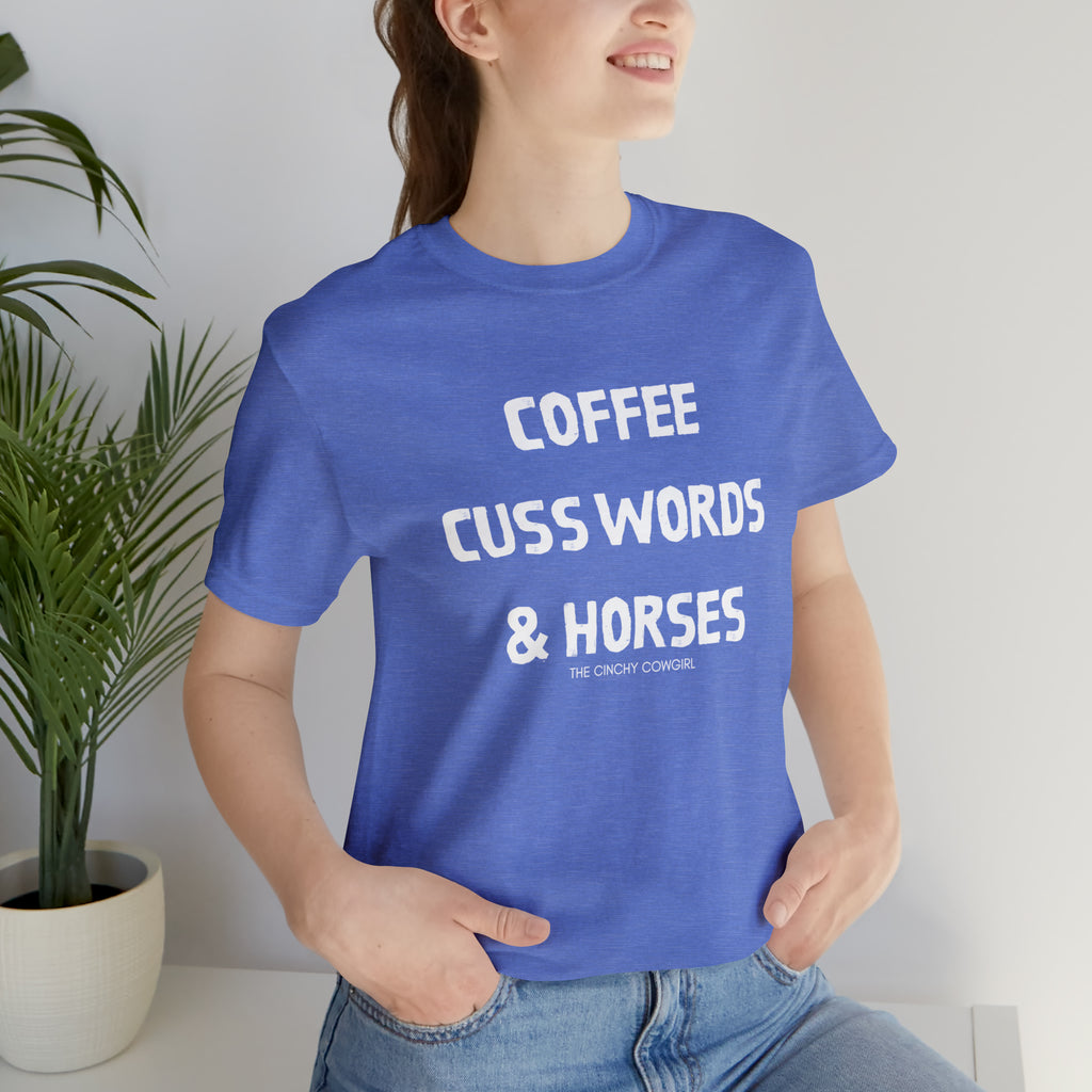 Coffee, Cuss Words, & Horses Short Sleeve Tee tcc graphic tee Printify Heather Columbia Blue XS 
