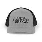 Coffee Cuss Words and Cows Trucker Hat Embroidered TCC Hat The Cinchy Cowgirl - Print Heather Grey / Black