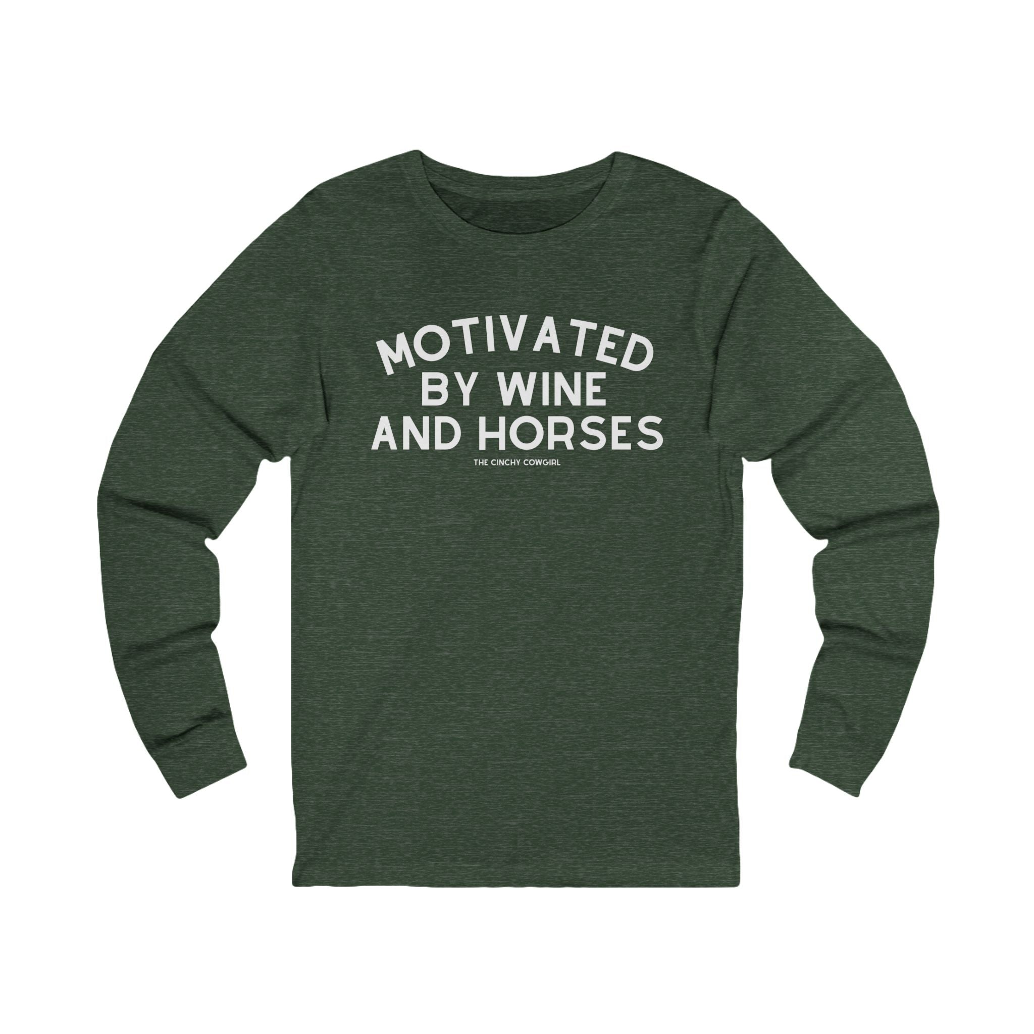 Motivated By Wine And Horses Long Sleeve Tee Long-sleeve The Cinchy Cowgirl - Print S Heather Forest