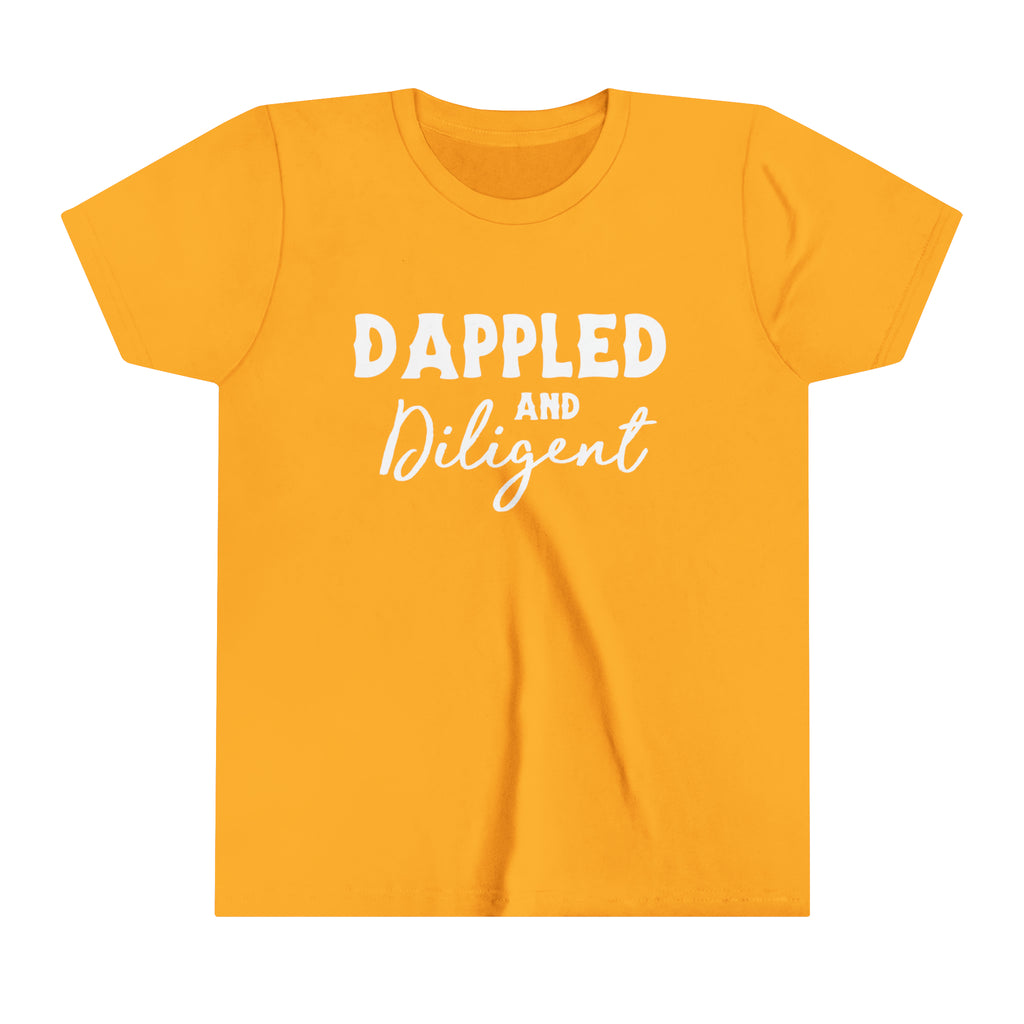 Gold youth short sleeve with white lettering reading "Dappled and Diligent". 