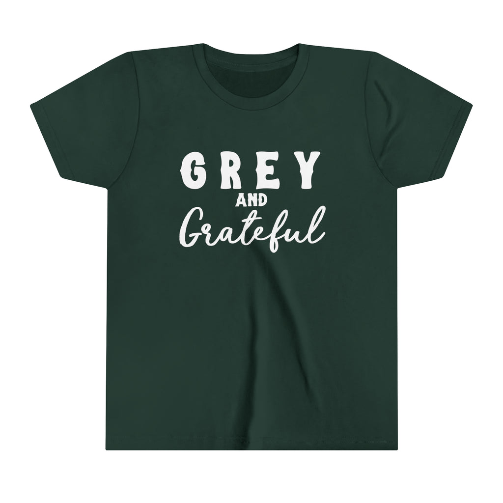 Forest youth short sleeve with white lettering reading "Grey and Grateful". 