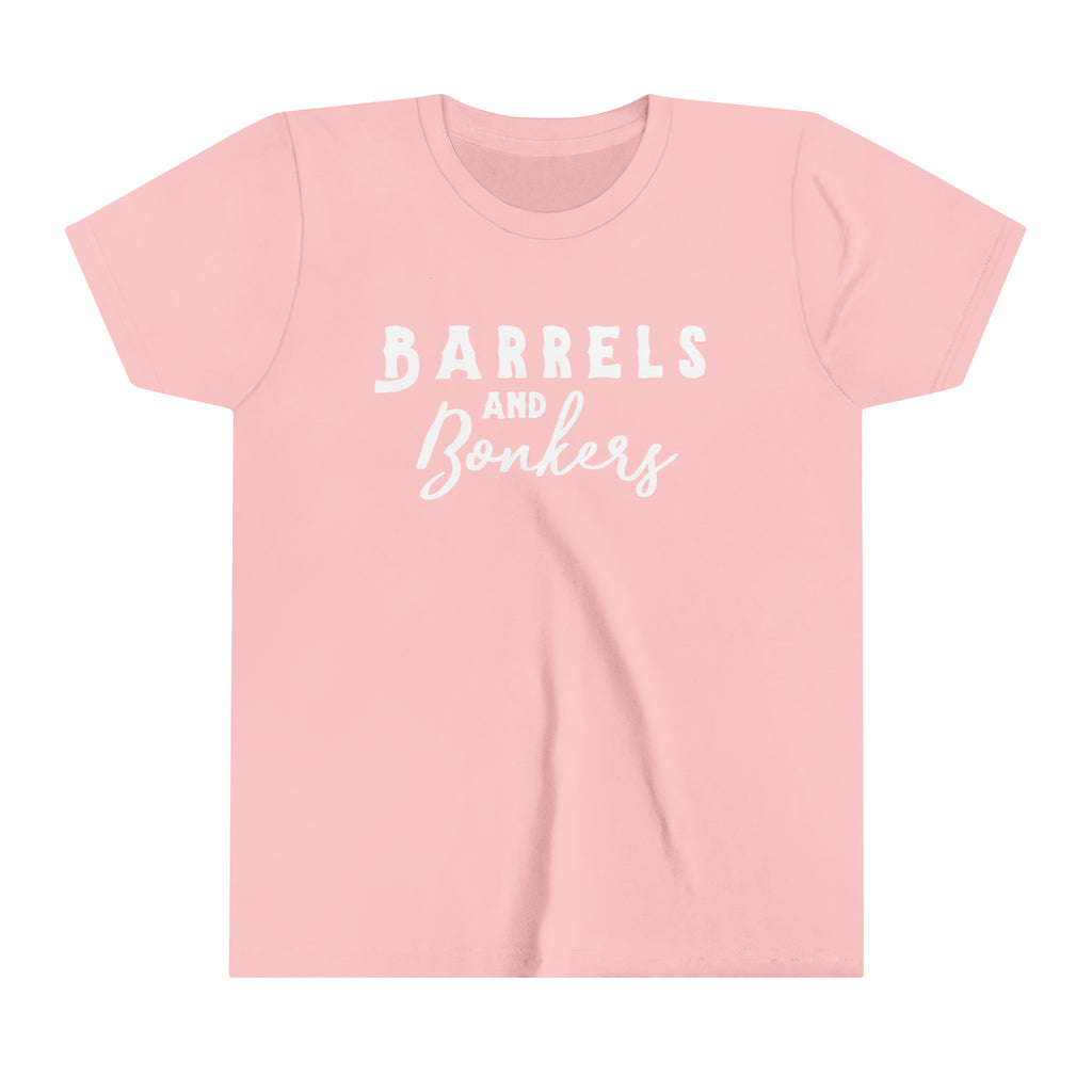 Pink youth short sleeve with white lettering reading "Barrels and Bonkers".