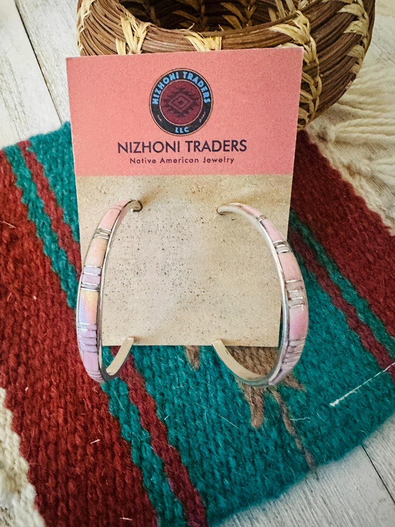 Navajo Turquoise & Sterling Silver Inlay Cresent Hoop Earrings NT jewelry Nizhoni Traders LLC   