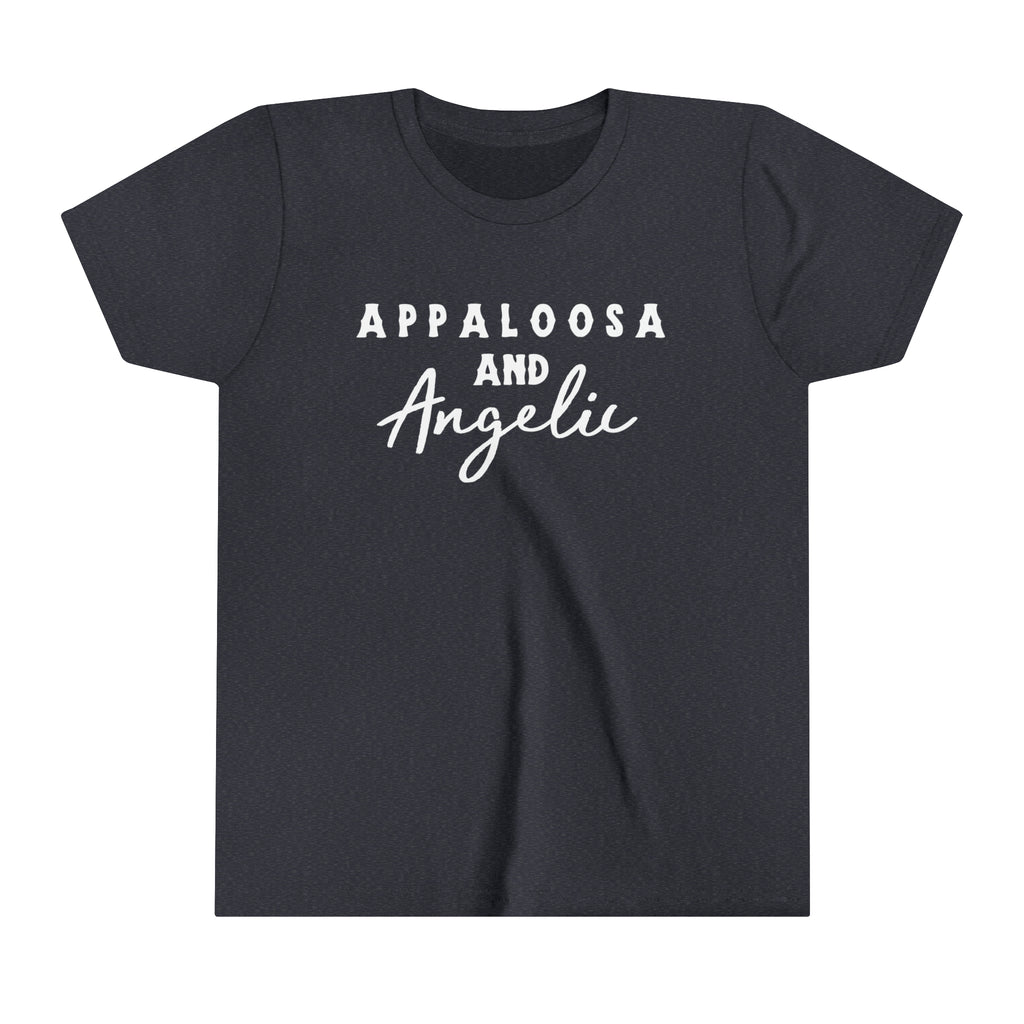 Western navy youth short sleeve with white lettering that reads "Appaloosa & Angelic".