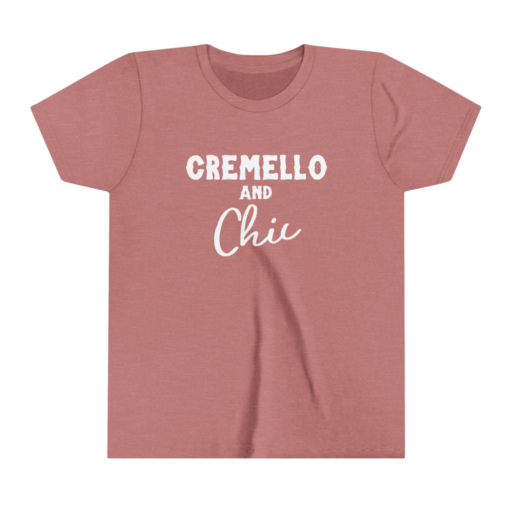 Mauve youth short sleeve with white lettering reading "Cremello and Chic".