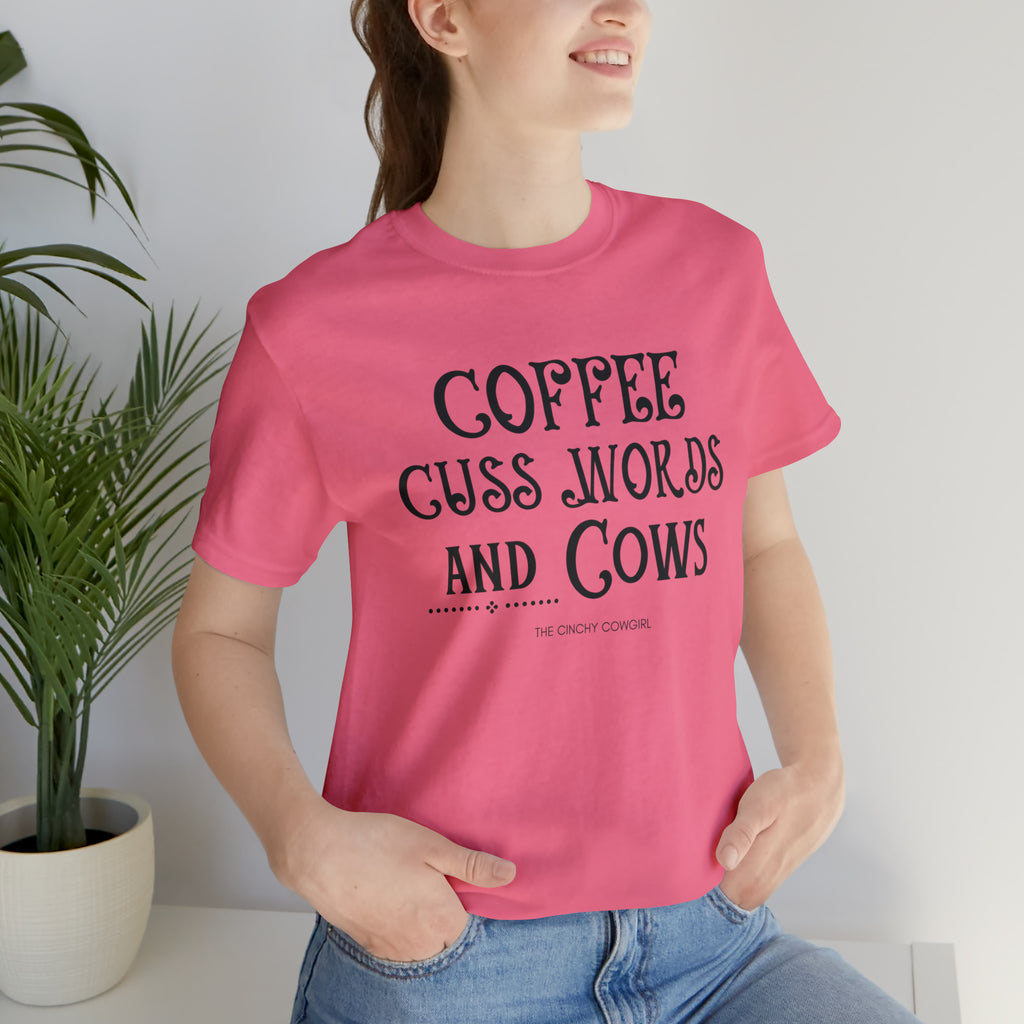 Coffee Cuss Words & Cows Short Sleeve Graphic Tee T-Shirt Printify Charity Pink S 