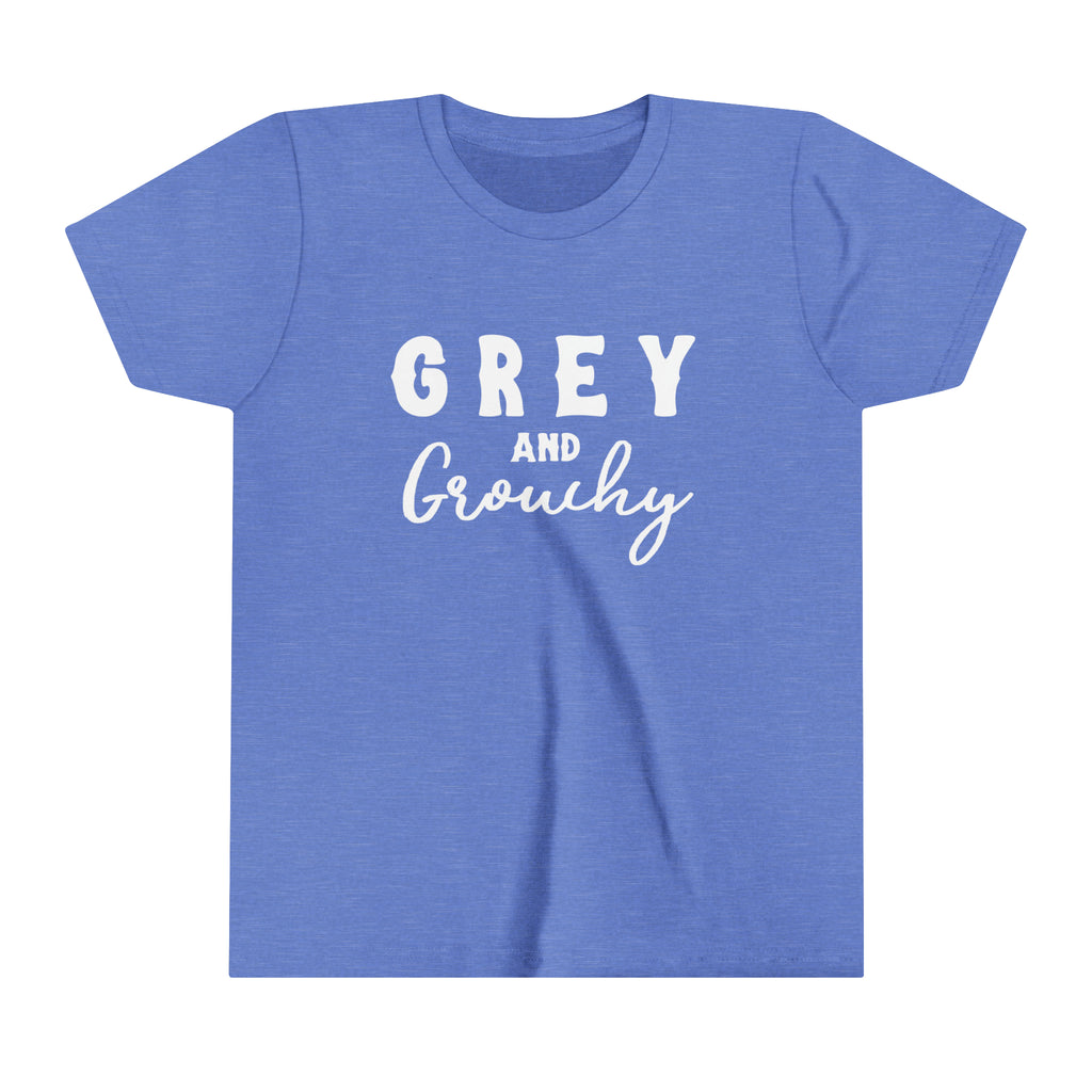 Blue youth short sleeve with white lettering reading "Grey and Grouchy".