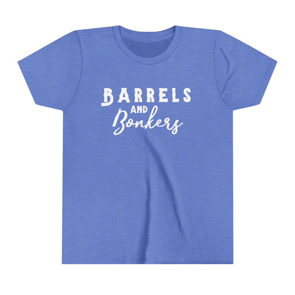 Blue youth short sleeve with white lettering reading "Barrels and Bonkers".