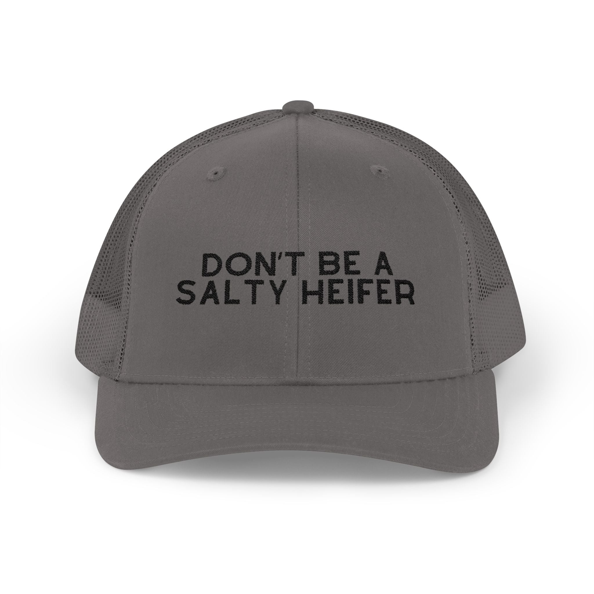 Embroidered Don't Be A Salty Heifer Trucker Hat Embroidered TCC Hat The Cinchy Cowgirl- Print Charcoal