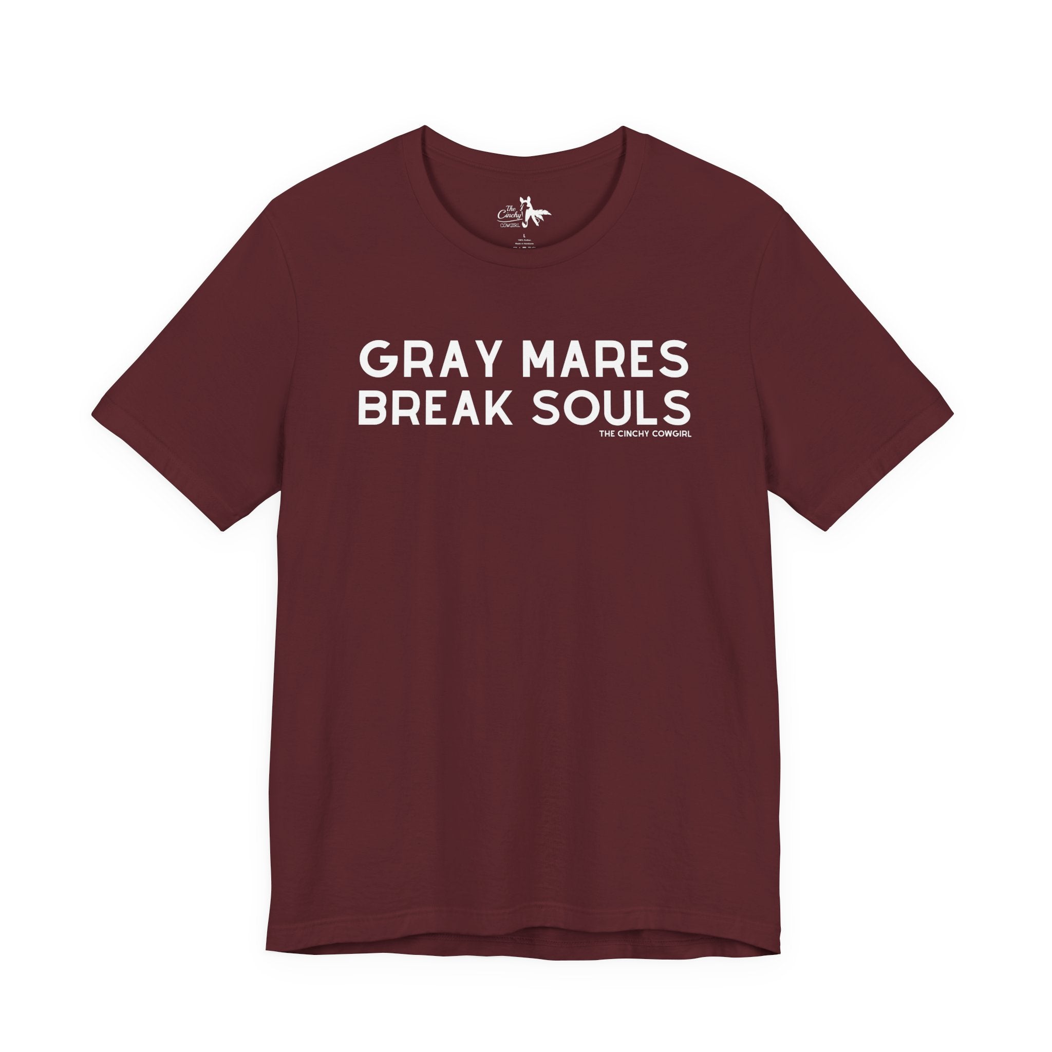 Gray Mares Break Souls Short Sleeve Tee T-Shirt The Cinchy Cowgirl - Print Maroon XS