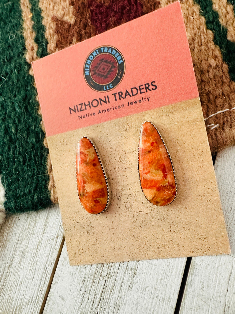 Navajo Sterling Silver Apple Coral Dangle Earrings NT jewelry Nizhoni Traders LLC   