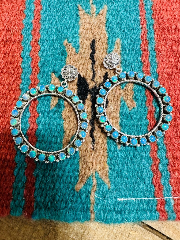 Blue Opal Dangle Hoop Earrings NT jewelry Nizhoni Traders LLC   