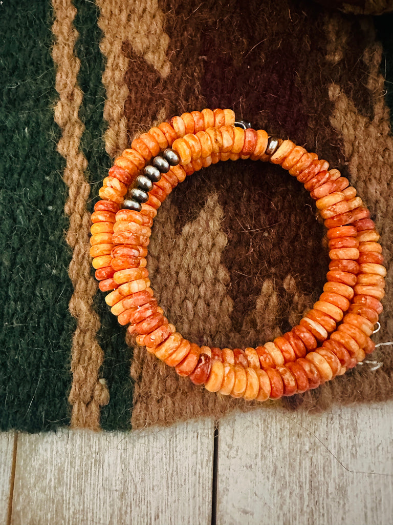 Navajo Orange Spiny Oyster Shell & Sterling Silver Pearl Beaded Wrap Bracelet NT jewelry Nizhoni Traders LLC   