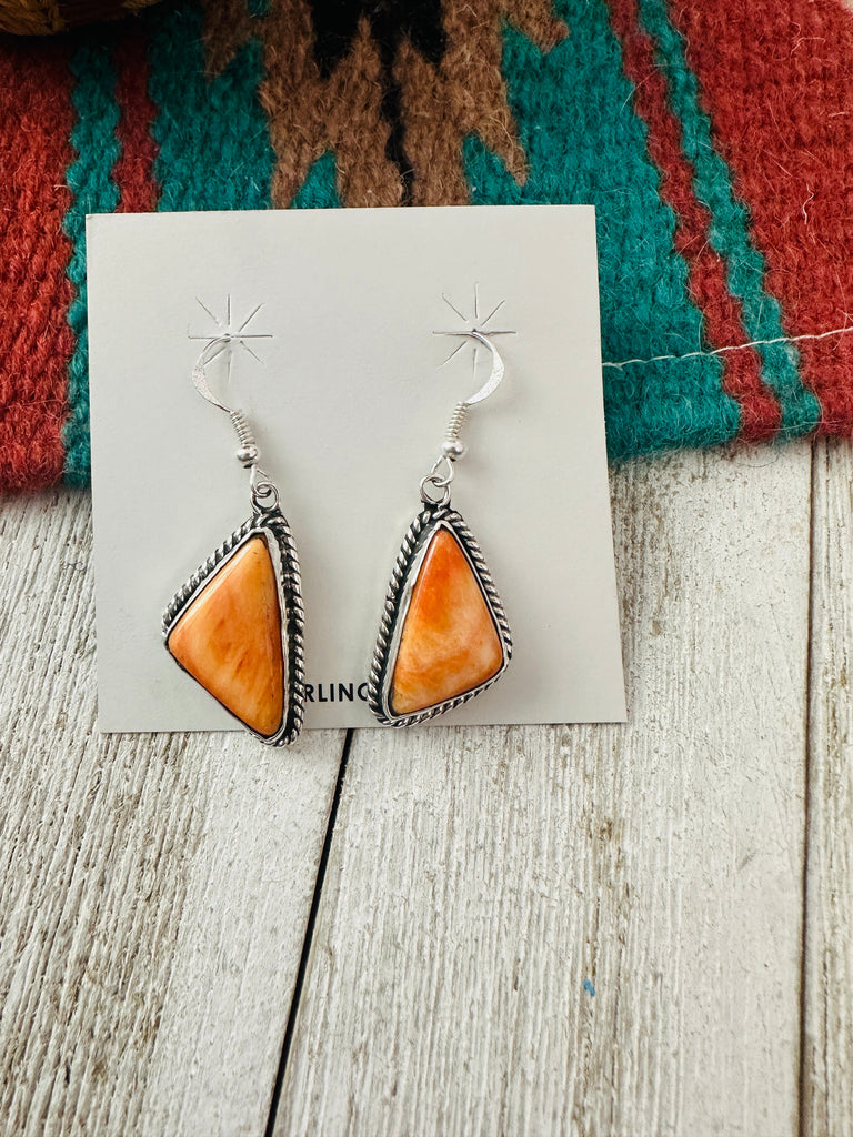 Navajo Orange Spiny and Sterling Silver Triangle Dangle Earrings NT jewelry Nizhoni Traders LLC   