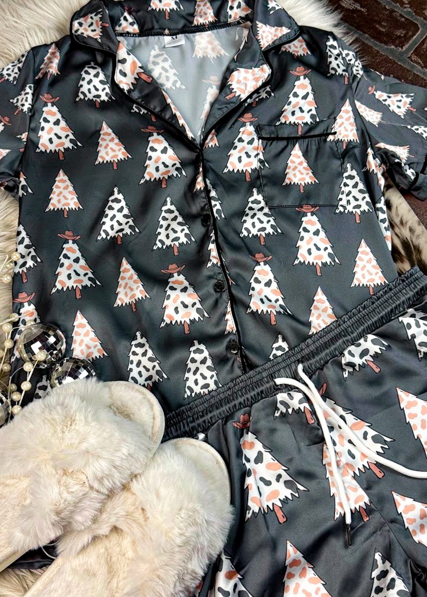 Charcoal Cowprint Christmas Tree Silky Shorts Pajamas silky pajamas - shorts The Cinchy Cowgirl (YC)