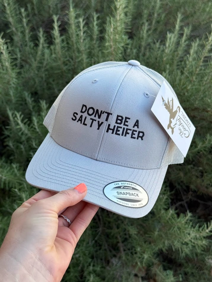 A light gray snapback cap held by a hand, featuring the black embroidered text 'DON'T BE A SALTY HEIFER' on the front panel, with a white mesh back and a hangtag.