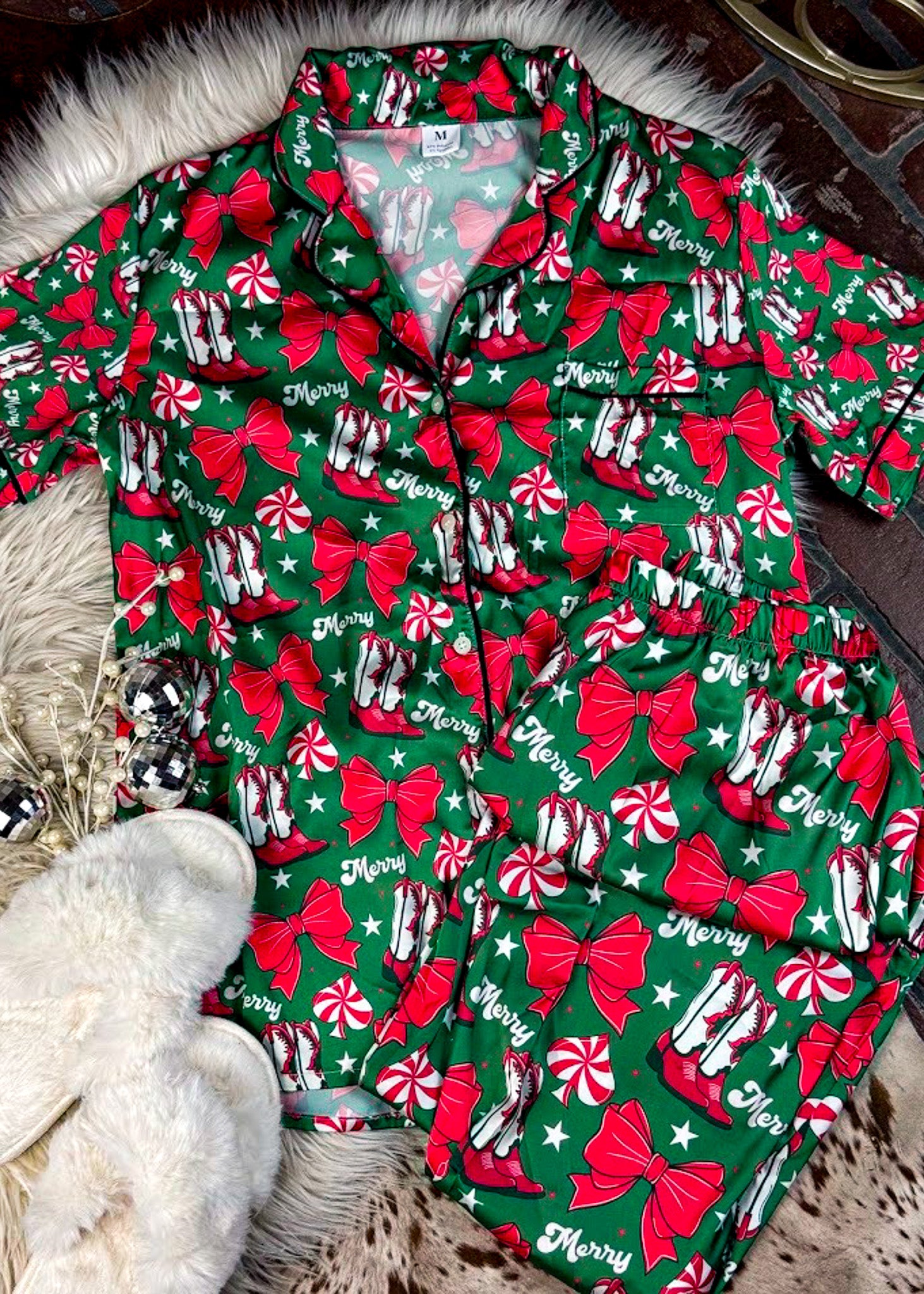 Cowboy Boots & Peppermint Spades Christmas Silky Pant Pajamas silky pajamas - pants The Cinchy Cowgirl (YC)