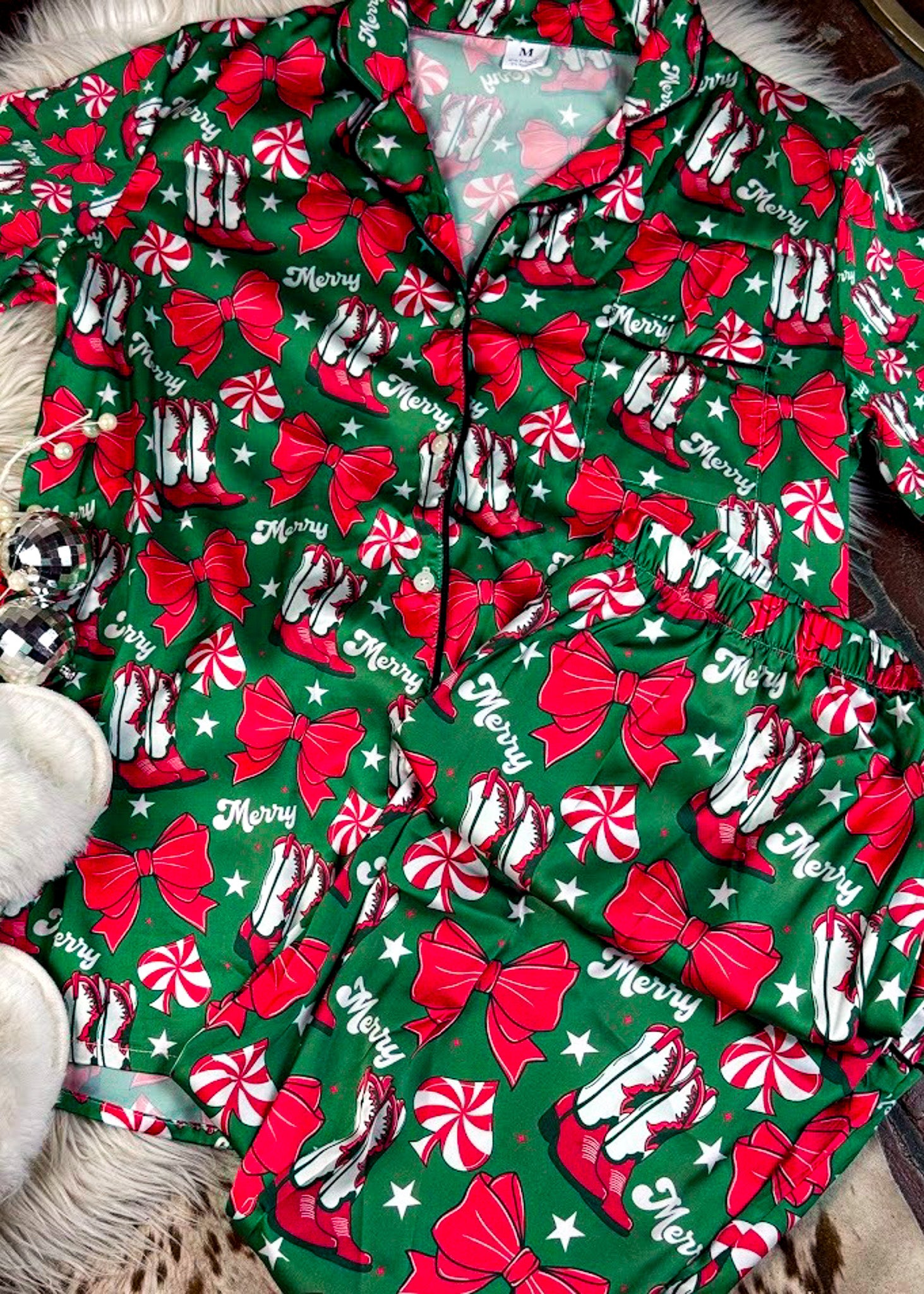 Cowboy Boots & Peppermint Spades Christmas Silky Pant Pajamas silky pajamas - pants The Cinchy Cowgirl (YC)