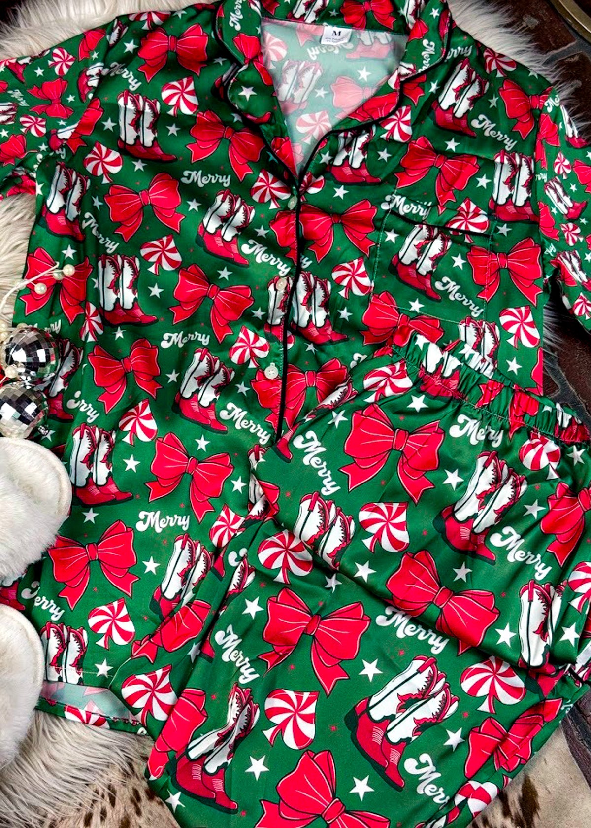 Cowboy Boots & Peppermint Spades Christmas Silky Pant Pajamas silky pajamas - pants The Cinchy Cowgirl (YC)