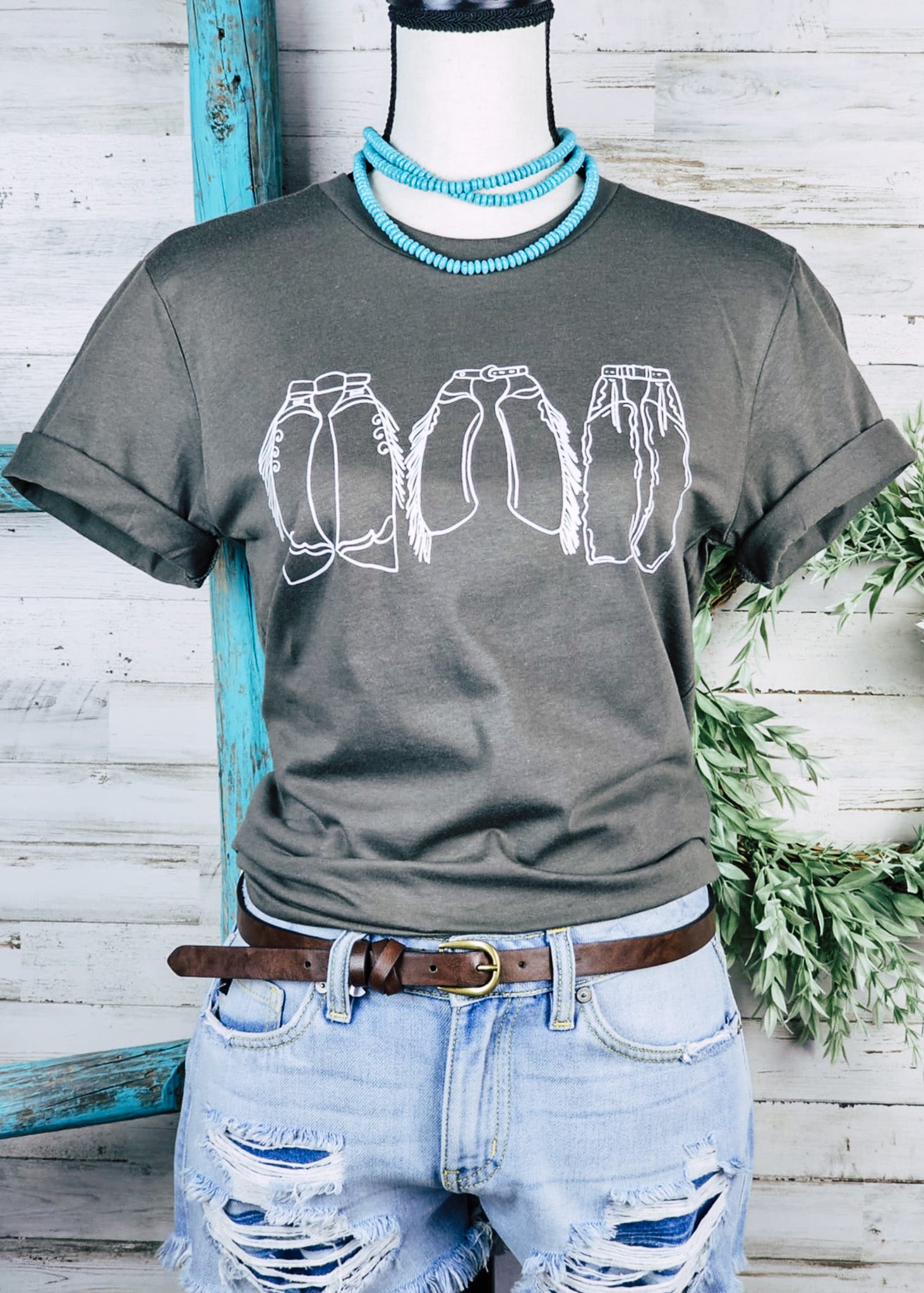 Army Green Chaps Trio Graphic Tee tcc graphic tee The Cinchy Cowgirl