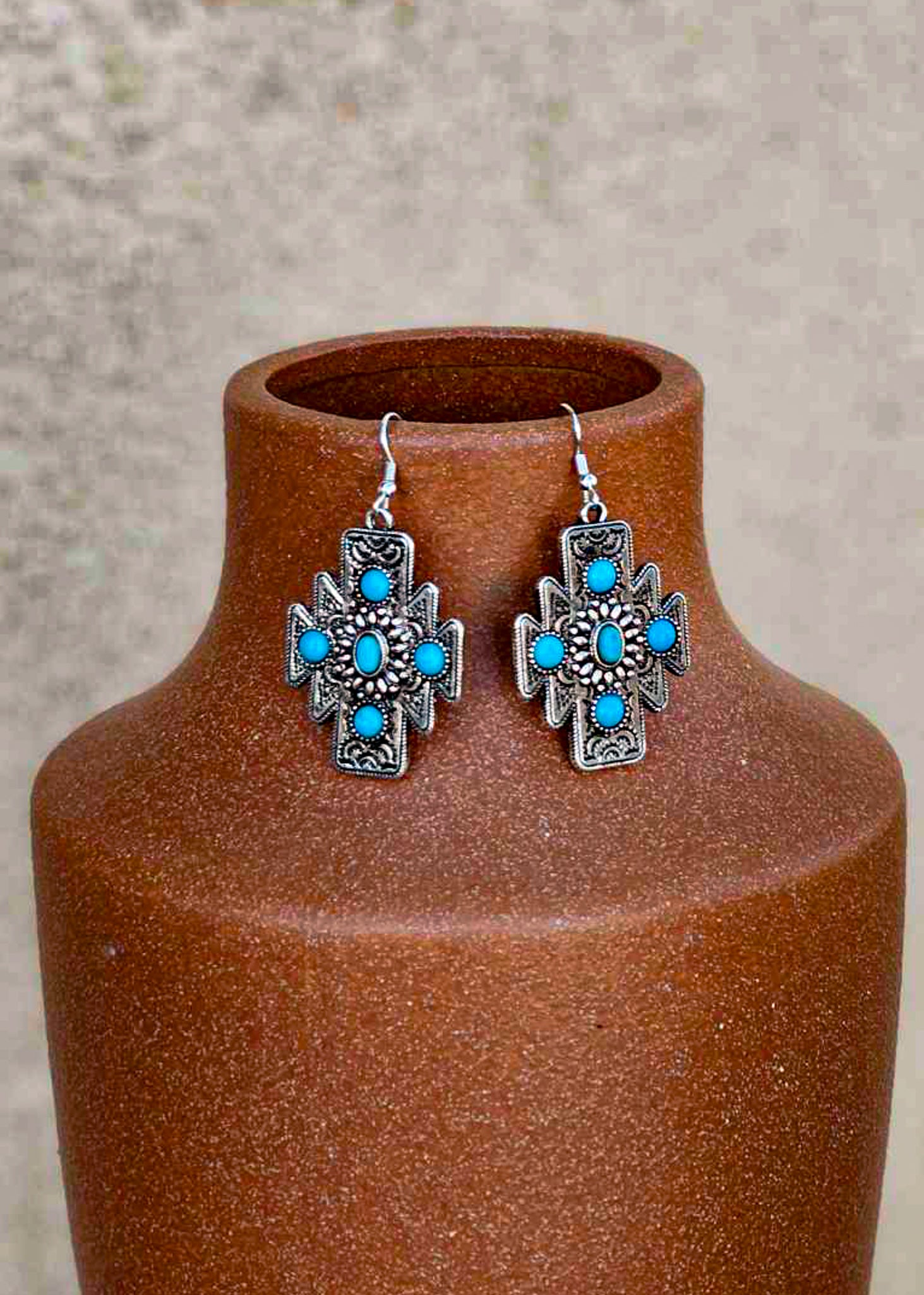 Aztec Design Concho Stone Dangle Earrings Earrings Blue Tortoise