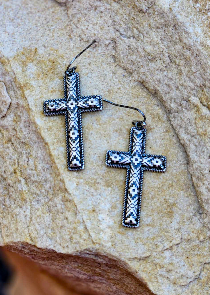 Aztec Design Cross Dangle Earrings Earrings Blue Tortoise