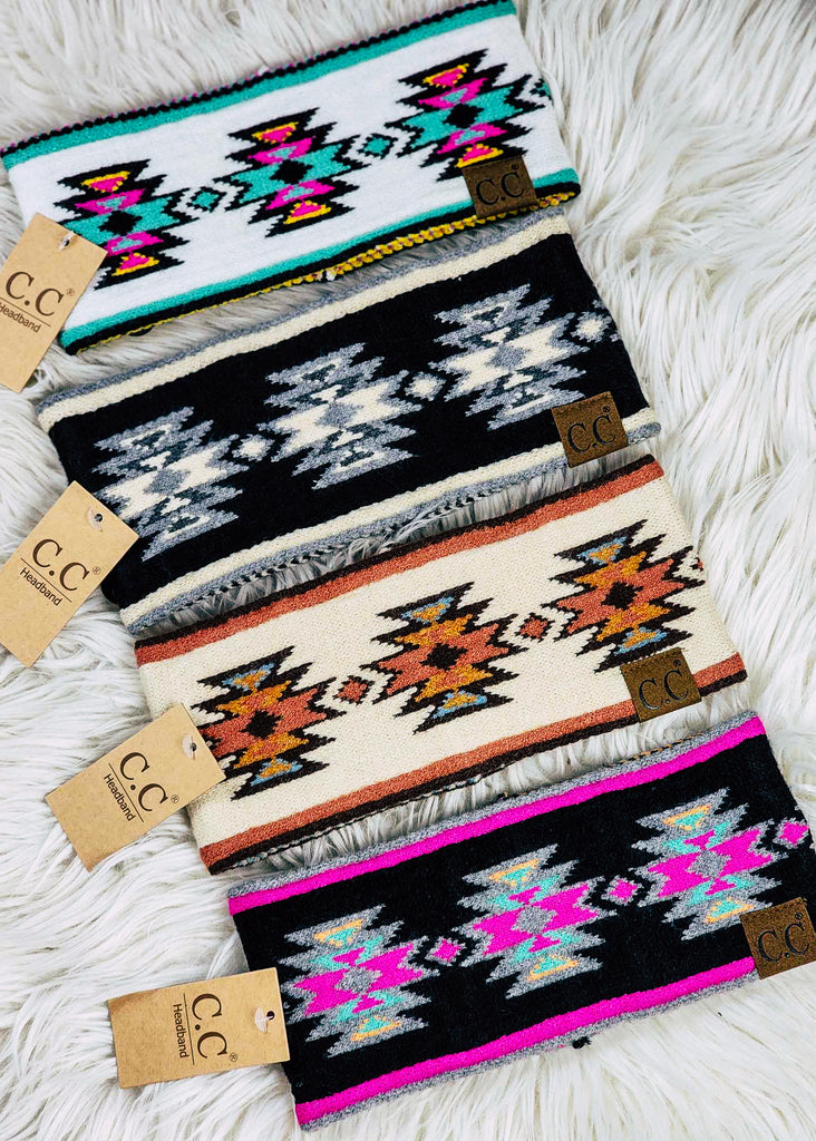 aztec southwestern CC headband available in 4 colors, laying on white fluffy rug