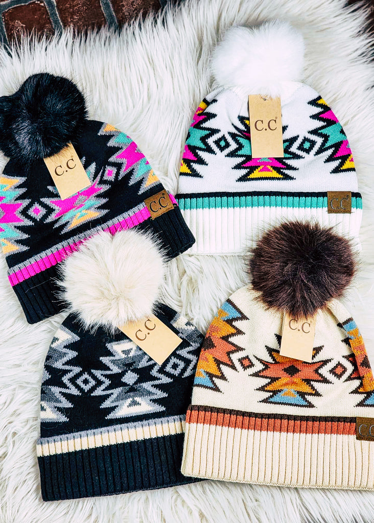 Aztec Pom Beanie, southwestern knit beanie with pom pom top, available in a variety of colors