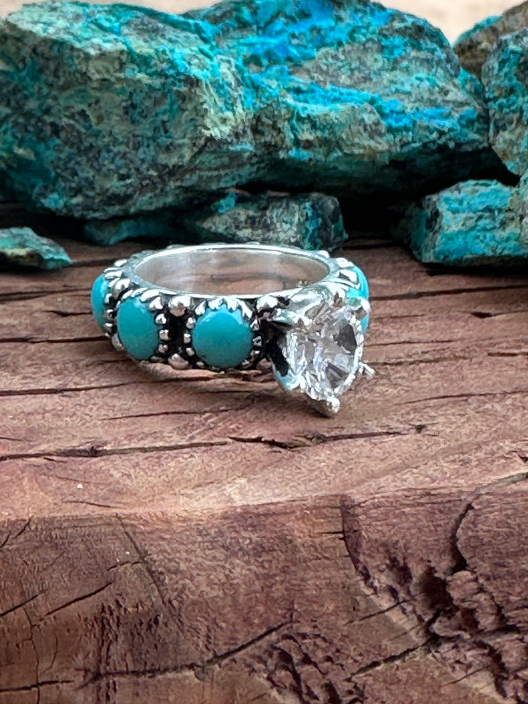 Kingman Turquoise  & White Topaz Sterling Silver Forever Ring Jewelry & Watches:Ethnic, Regional & Tribal:Rings Nizhoni Traders LLC   