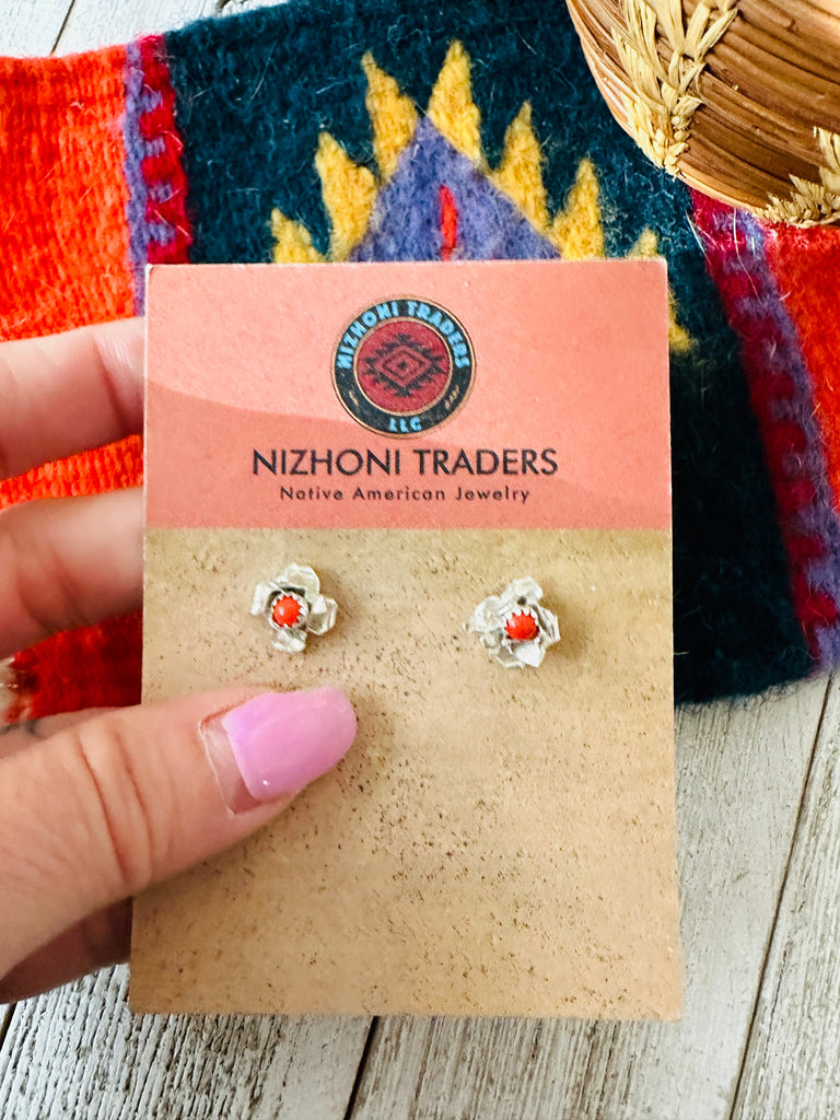 Navajo Coral and Sterling Silver Stud Earrings NT jewelry Nizhoni Traders LLC   