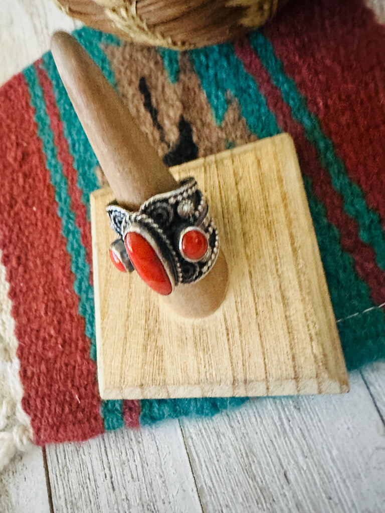 Navajo Sterling Silver and Coral Ring Size 8.25 by Hemerson Brown NT jewelry Nizhoni Traders LLC   