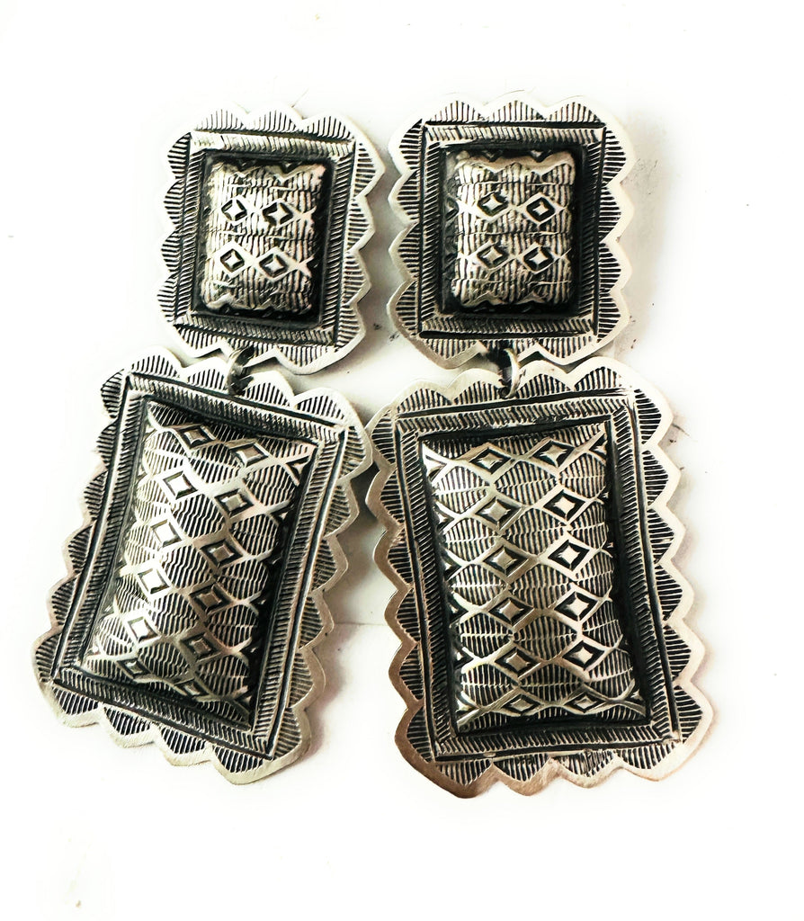 Navajo Hand Stamped Sterling Silver Concho Dangles NT jewelry Nizhoni Traders LLC   