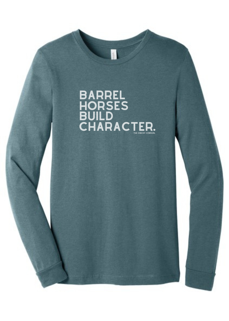 Barrel Horses Build Character Long Sleeve Graphic Tee [6 Colors] Long Sleeve Graphic Tee The Cinchy Cowgirl Heather Slate Small