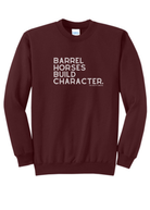Barrel Horses Build Character Pullover tcc pullover The Cinchy Cowgirl Small Maroon