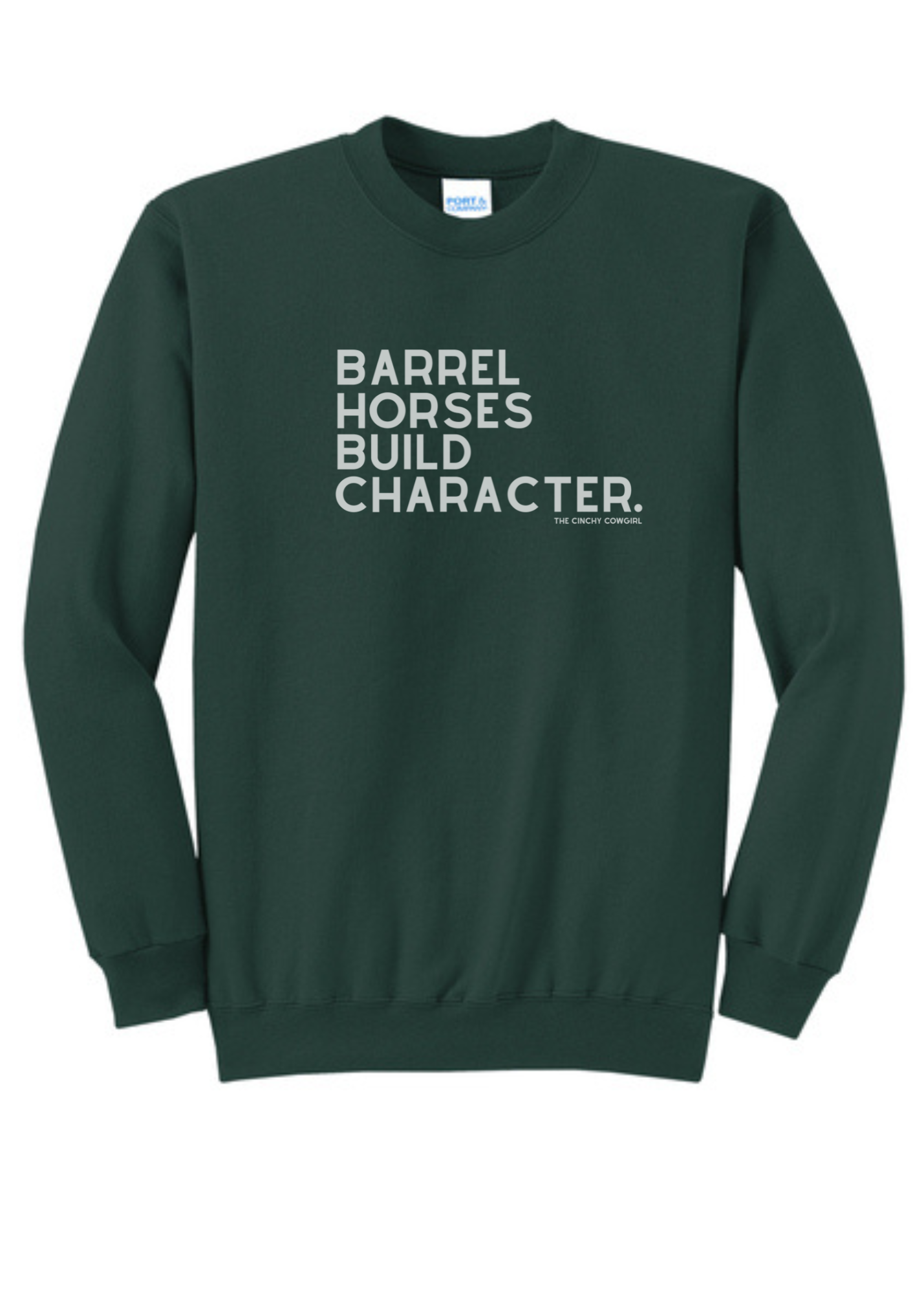 Barrel Horses Build Character Pullover tcc pullover The Cinchy Cowgirl Small Dark Green