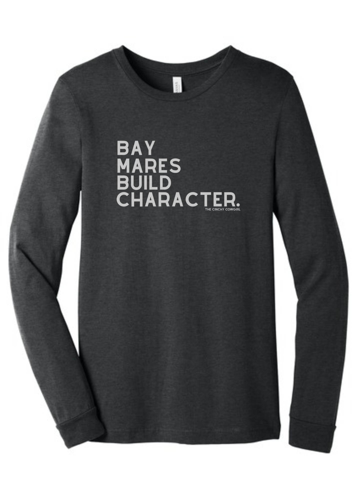 Bay Mares Build Character Long Sleeve Graphic Tee Long Sleeve Graphic Tee The Cinchy Cowgirl Dark Heather Gray Small