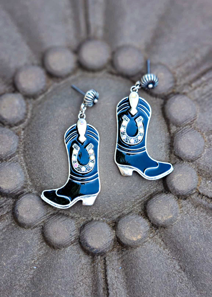Black Cowgirl Boot Stud Earrings Earrings Blue Tortoise