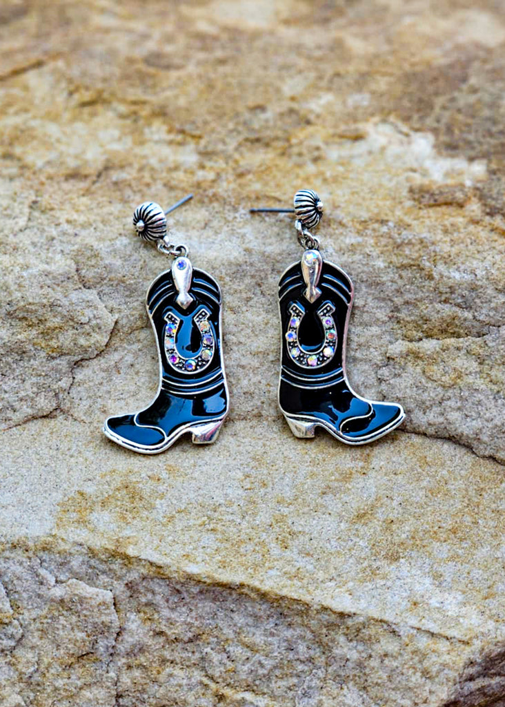 Black Cowgirl Boot Stud Earrings Earrings Blue Tortoise