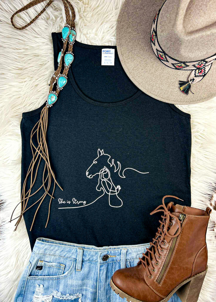 She is Strong Tank with White Ink tcc graphic tank The Cinchy Cowgirl